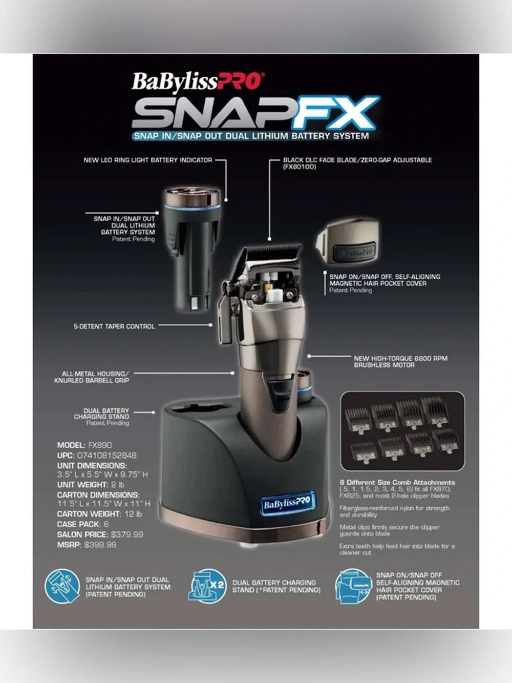 BaByliss SNAPFX Cordless Trimmer and Charging Stand - Black and Silver